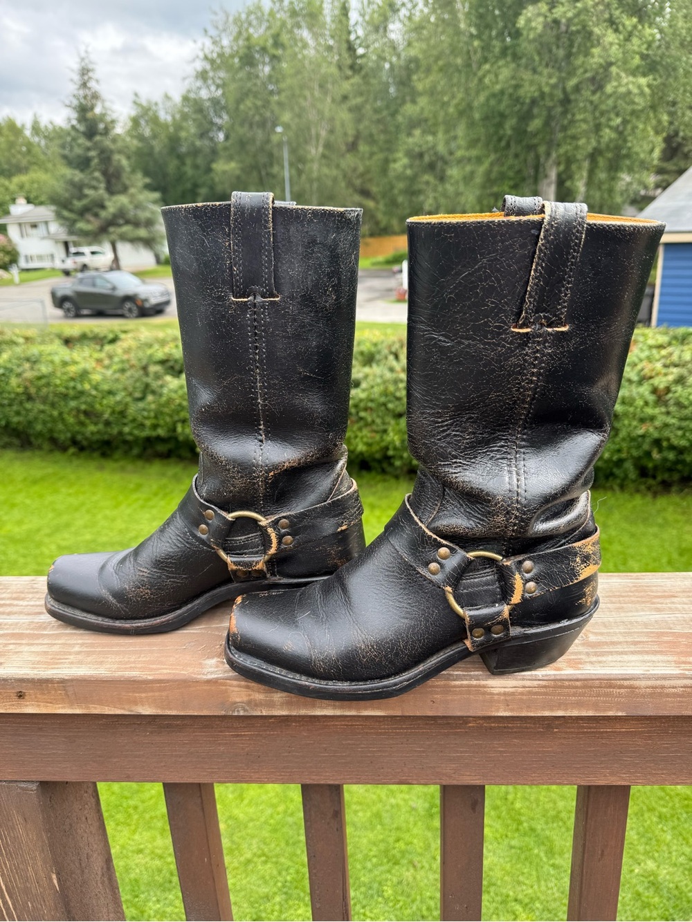 Frye Black Leather Harness Boots